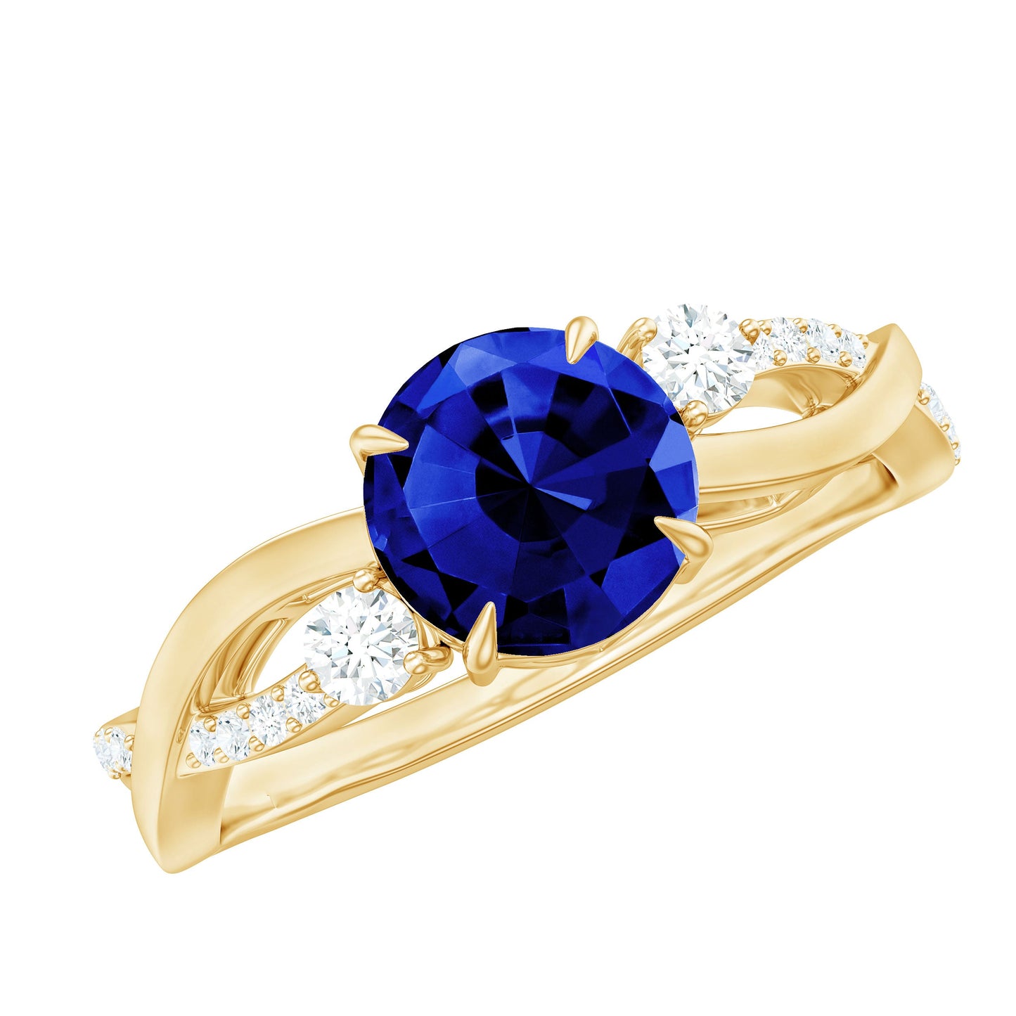 Certified 2.7 Carat Lab Grown Blue Sapphire Engagement Ring with Diamond Crossover Shank