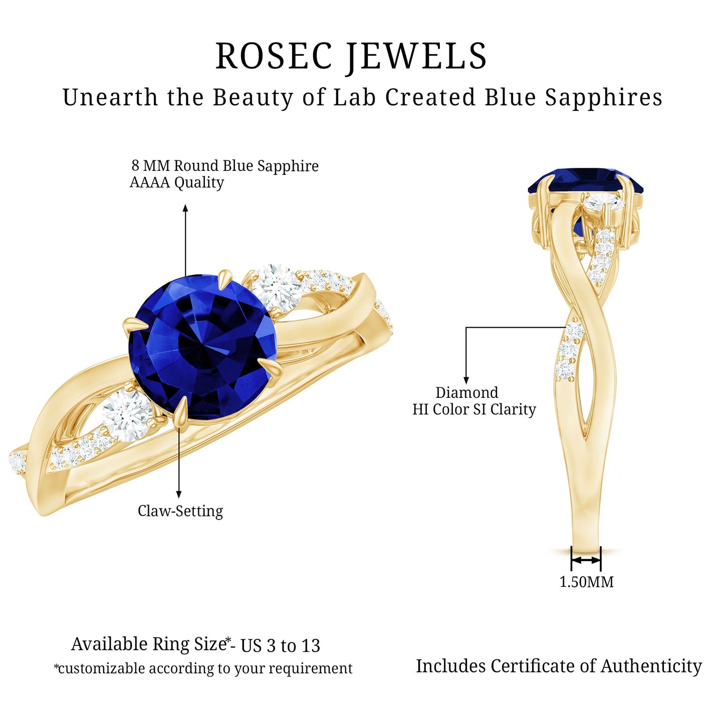 Certified 2.7 Carat Lab Grown Blue Sapphire Engagement Ring with Diamond Crossover Shank