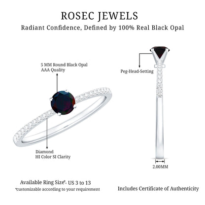 0.4 Carat Round Black Opal Solitaire Engagement Ring with Diamond