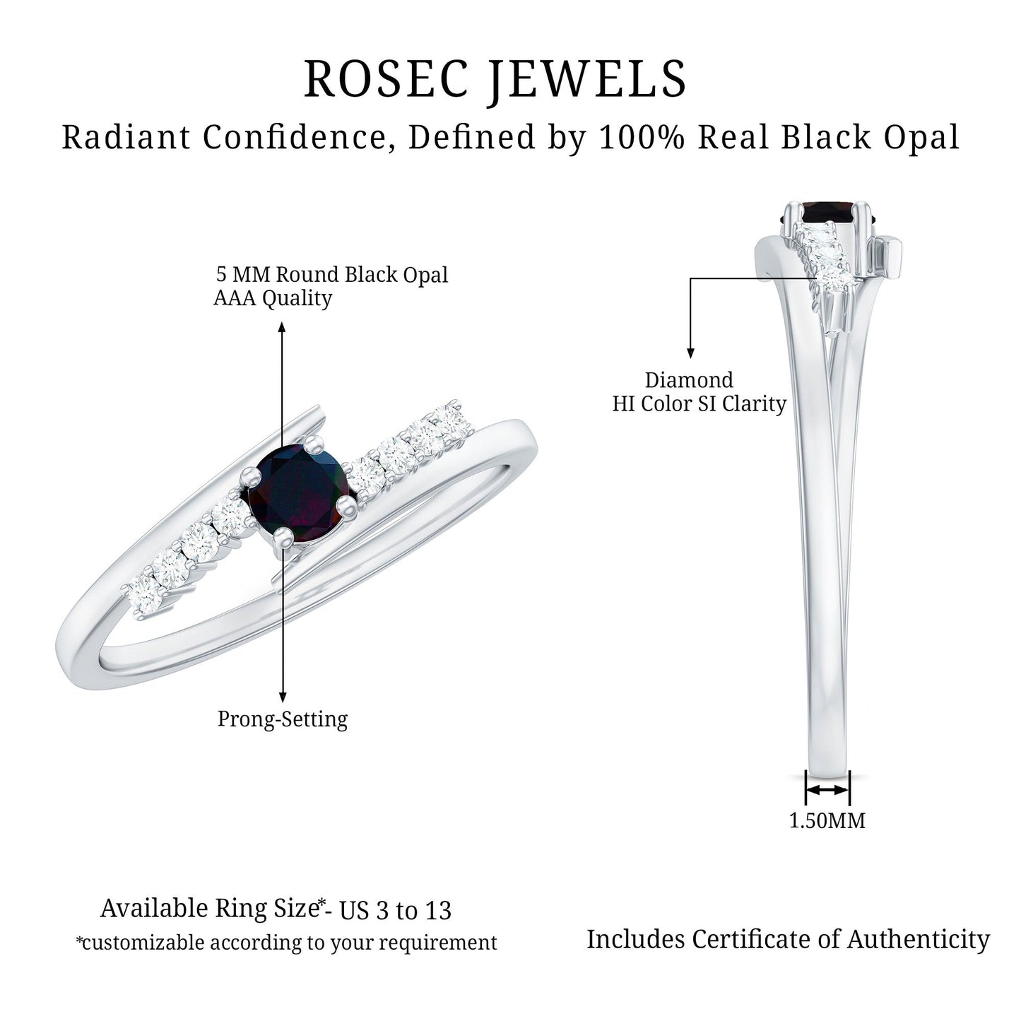 Minimal Round Black Opal and Diamond Bypass Promise Ring