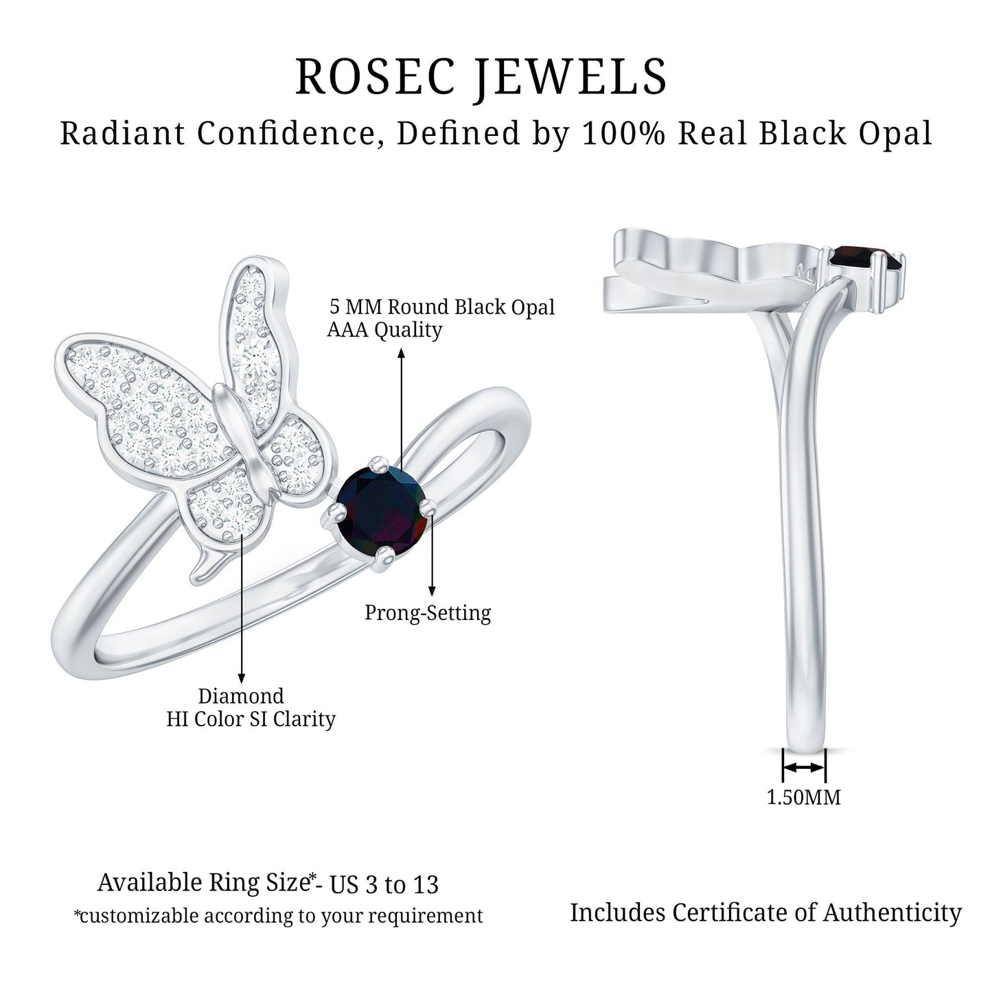 Natural Black Opal and Diamond Butterfly Ring