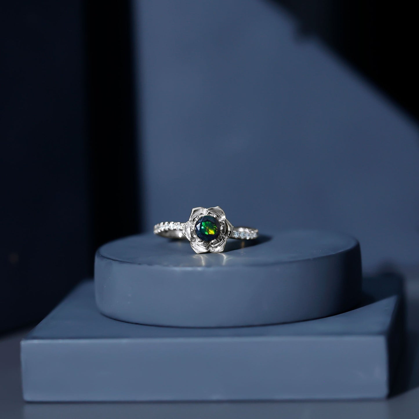 Real Black Opal and Diamond Flower Engagement Ring