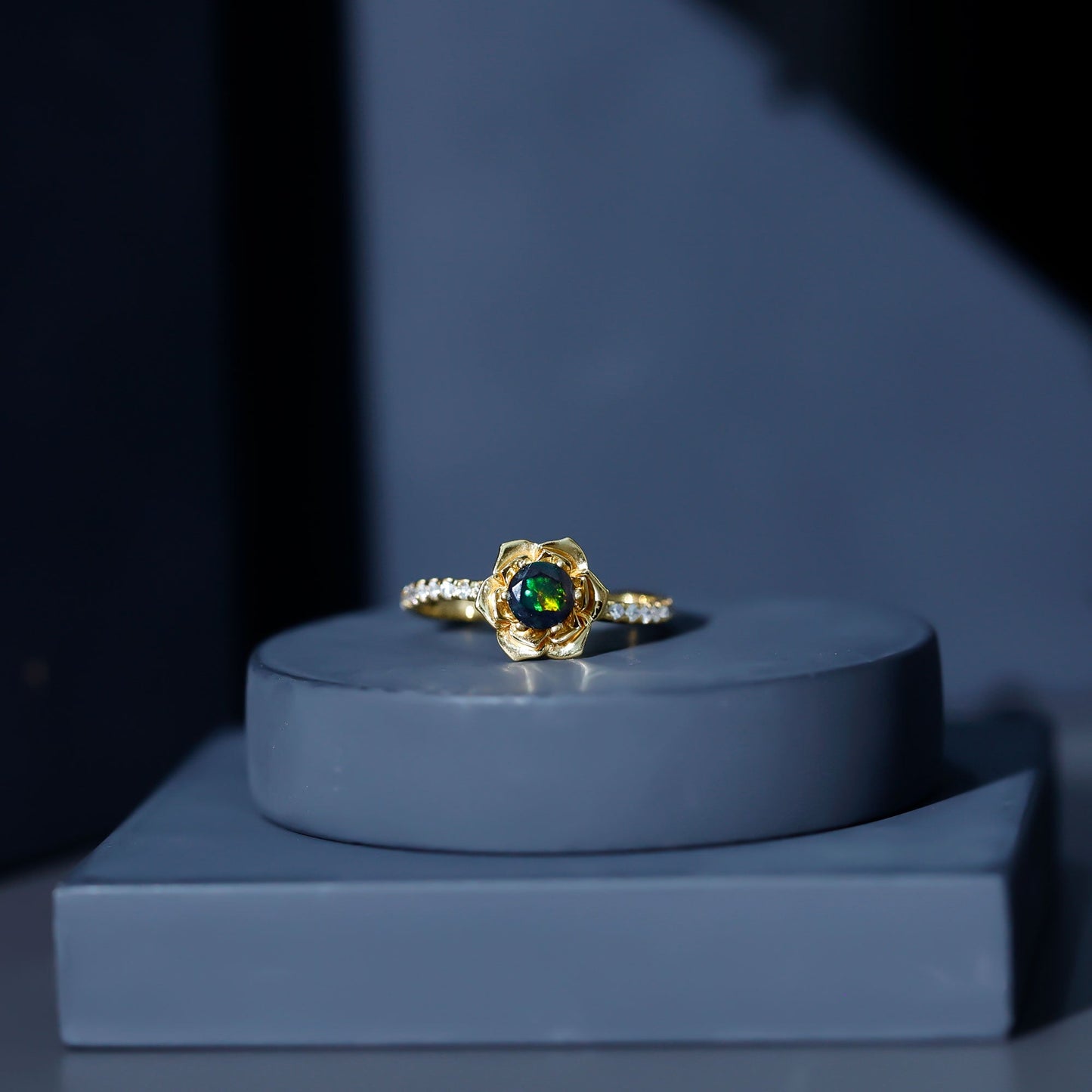 Real Black Opal and Diamond Flower Engagement Ring