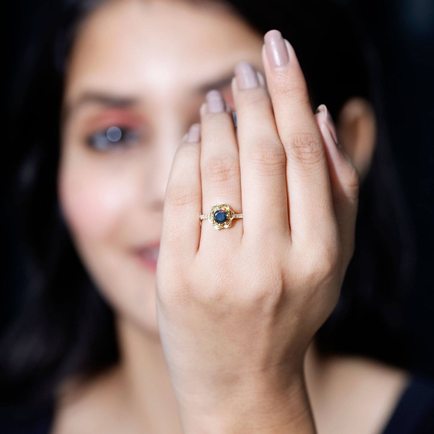 Real Black Opal and Diamond Flower Engagement Ring