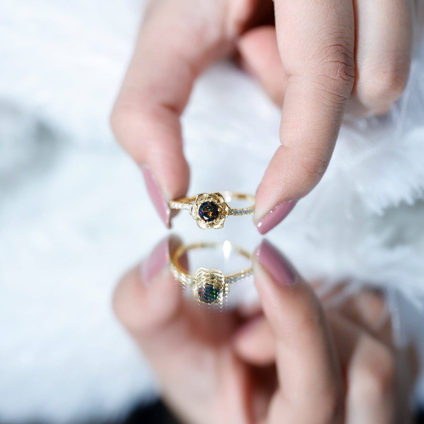 Real Black Opal and Diamond Flower Engagement Ring