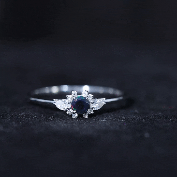 Claw Set Round Black Opal and Diamond Promise Ring