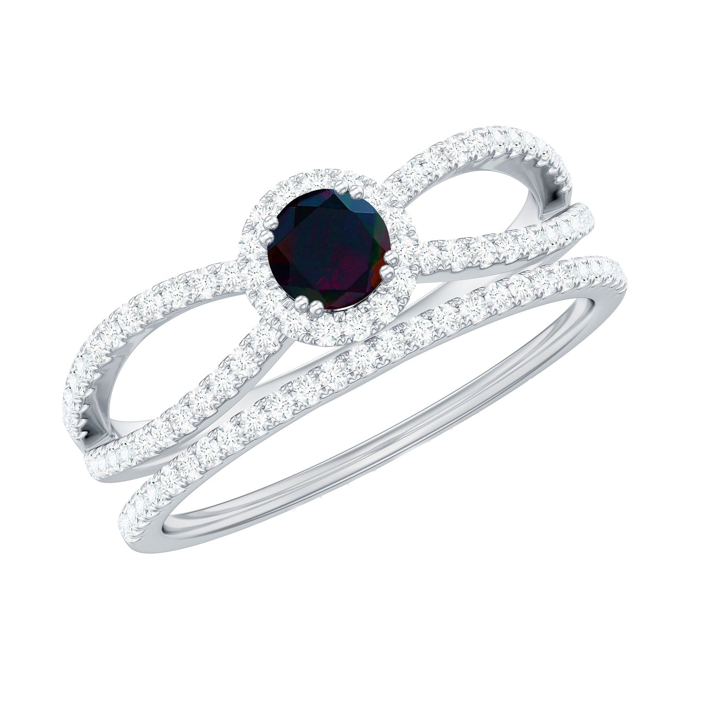Certified Round Black Opal Wedding Ring Set with Moissanite