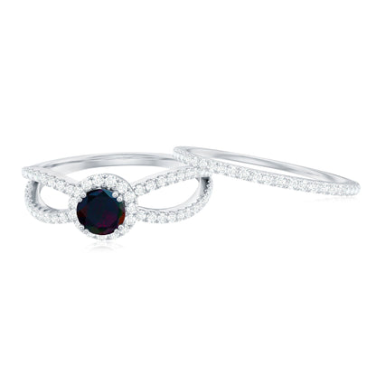 Certified Round Black Opal Wedding Ring Set with Moissanite