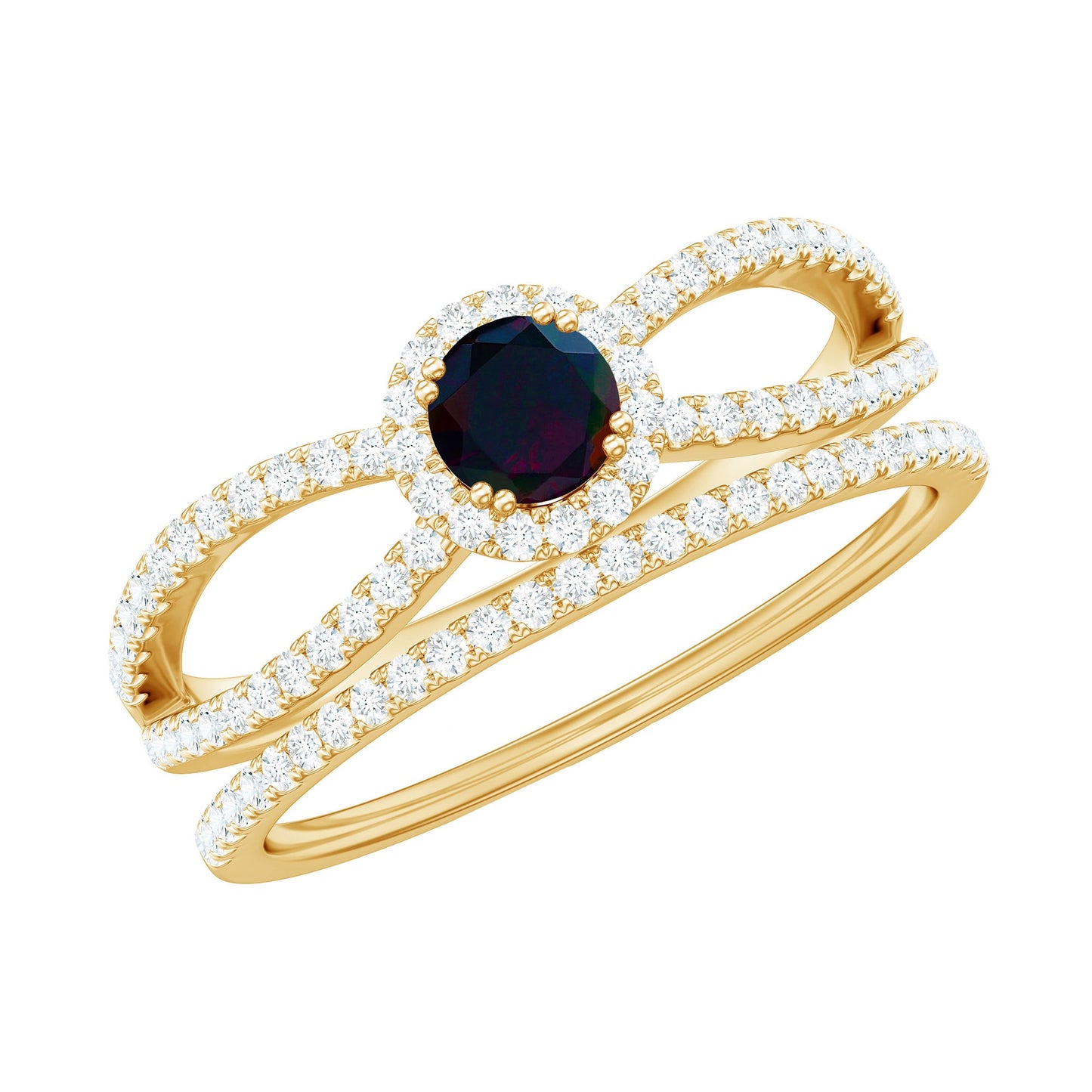 Certified Round Black Opal Wedding Ring Set with Moissanite