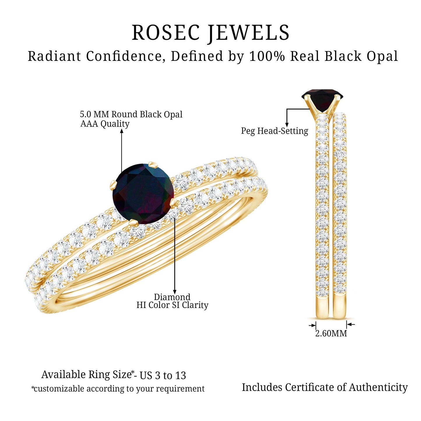 0.4 Carat Minimal Wedding Ring Set with Black Opal and Diamond