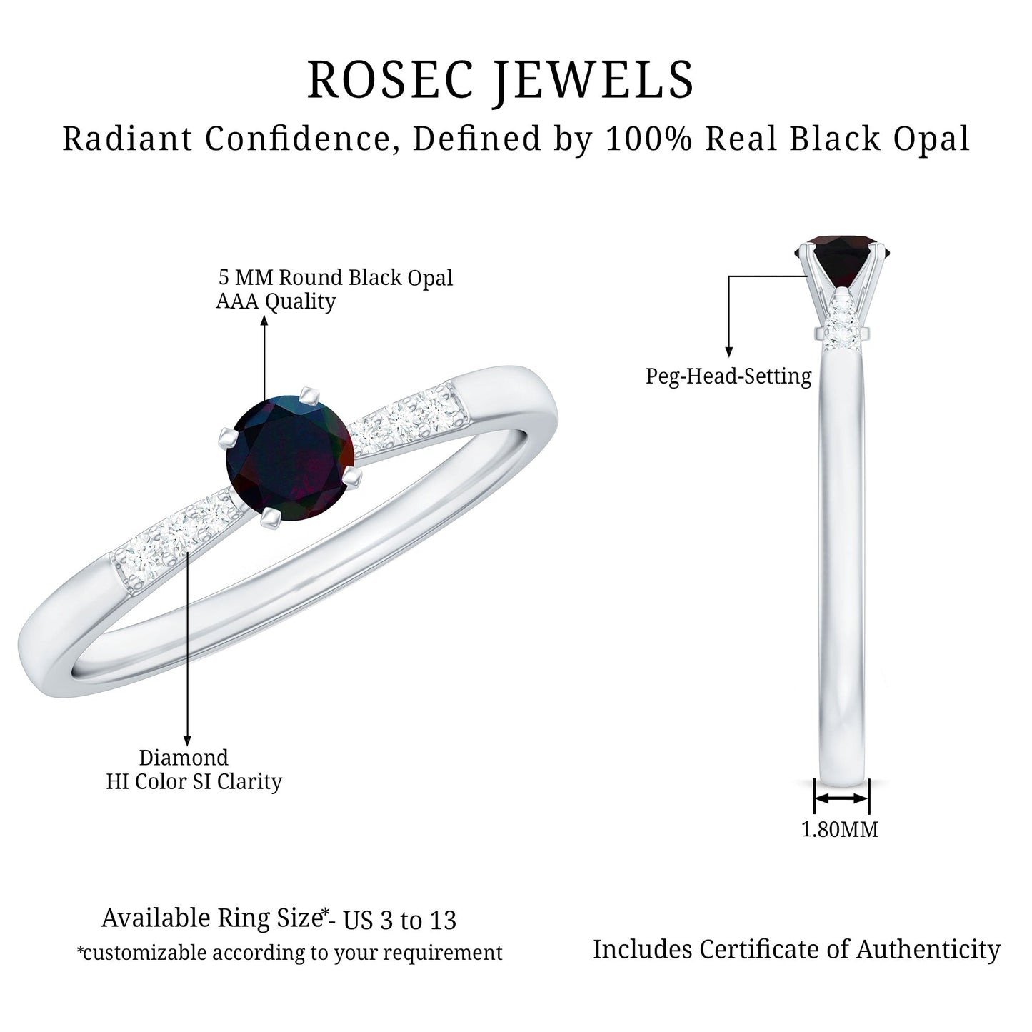 Black Opal Promise Ring with Diamond Side Stones