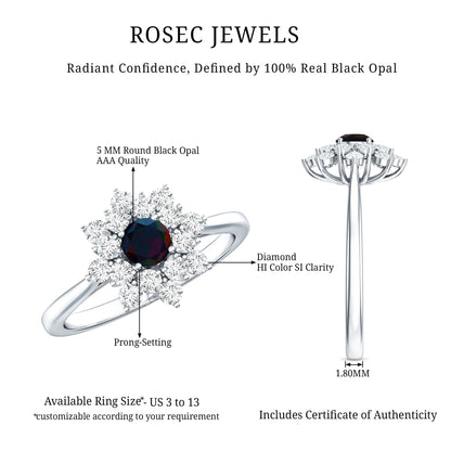 Black Opal and Diamond Flower Cluster Engagement Ring