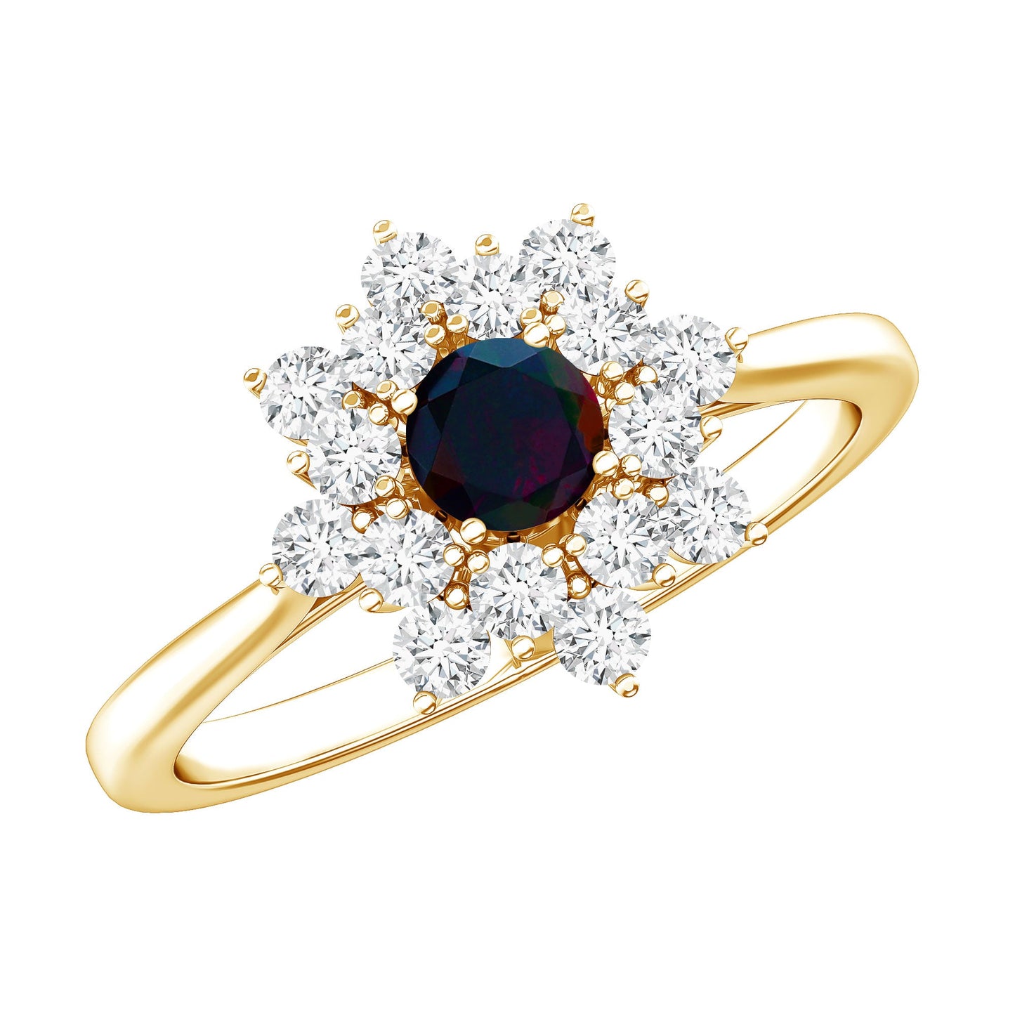 Black Opal and Diamond Flower Cluster Engagement Ring