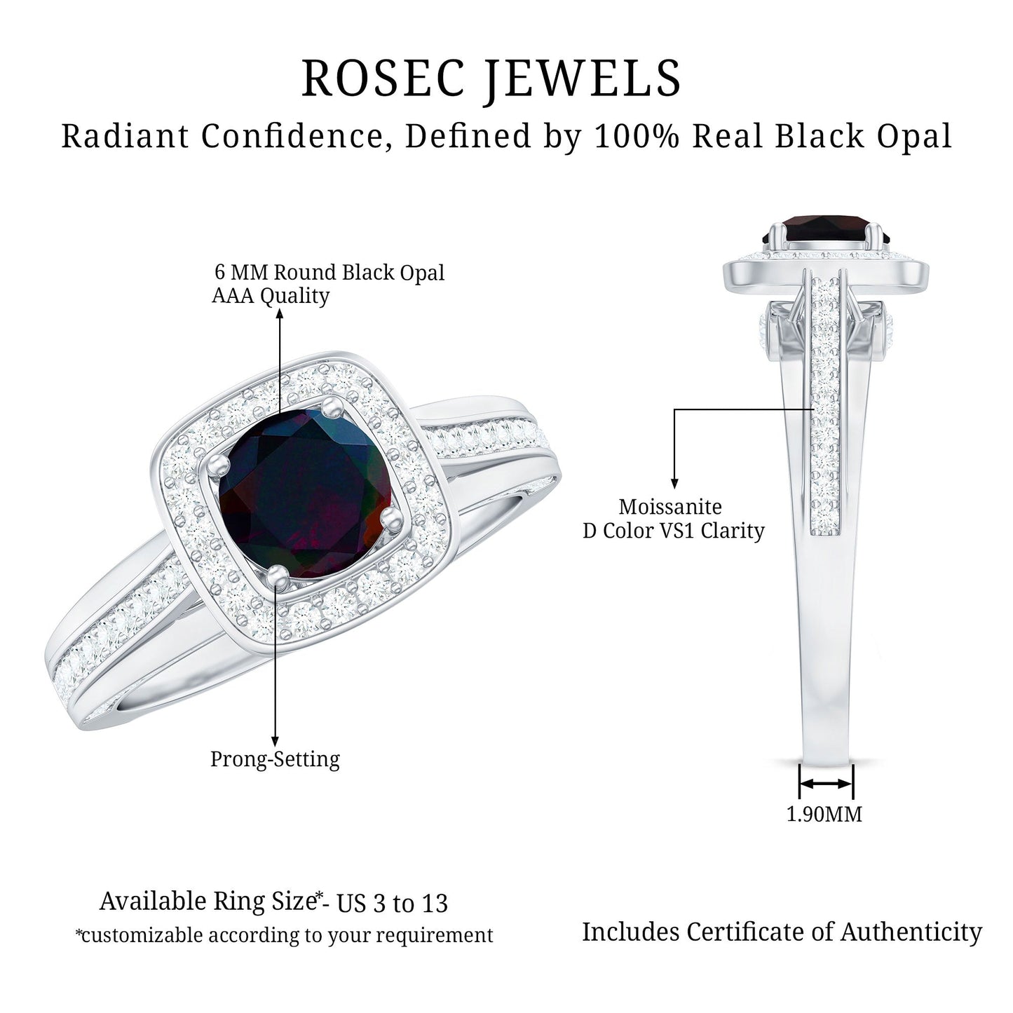 Classic Black Opal Engagement Ring with Moissanite Accent