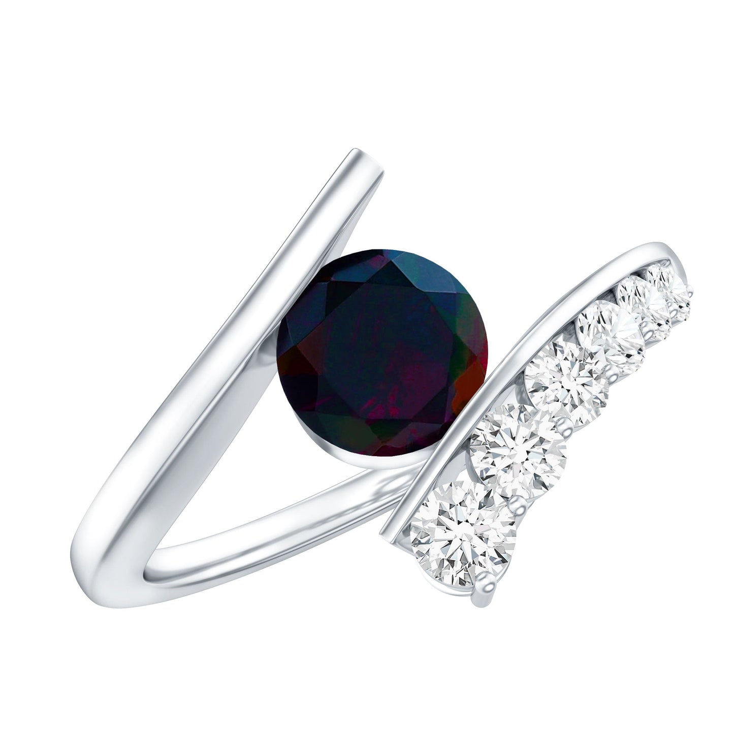 Round Black Opal Solitaire Bypass Ring with Diamond