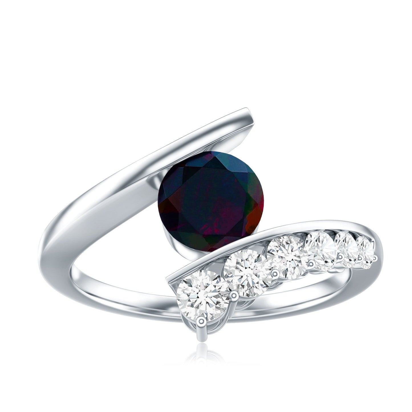 Round Black Opal Solitaire Bypass Ring with Diamond