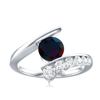 Round Black Opal Solitaire Bypass Ring with Diamond