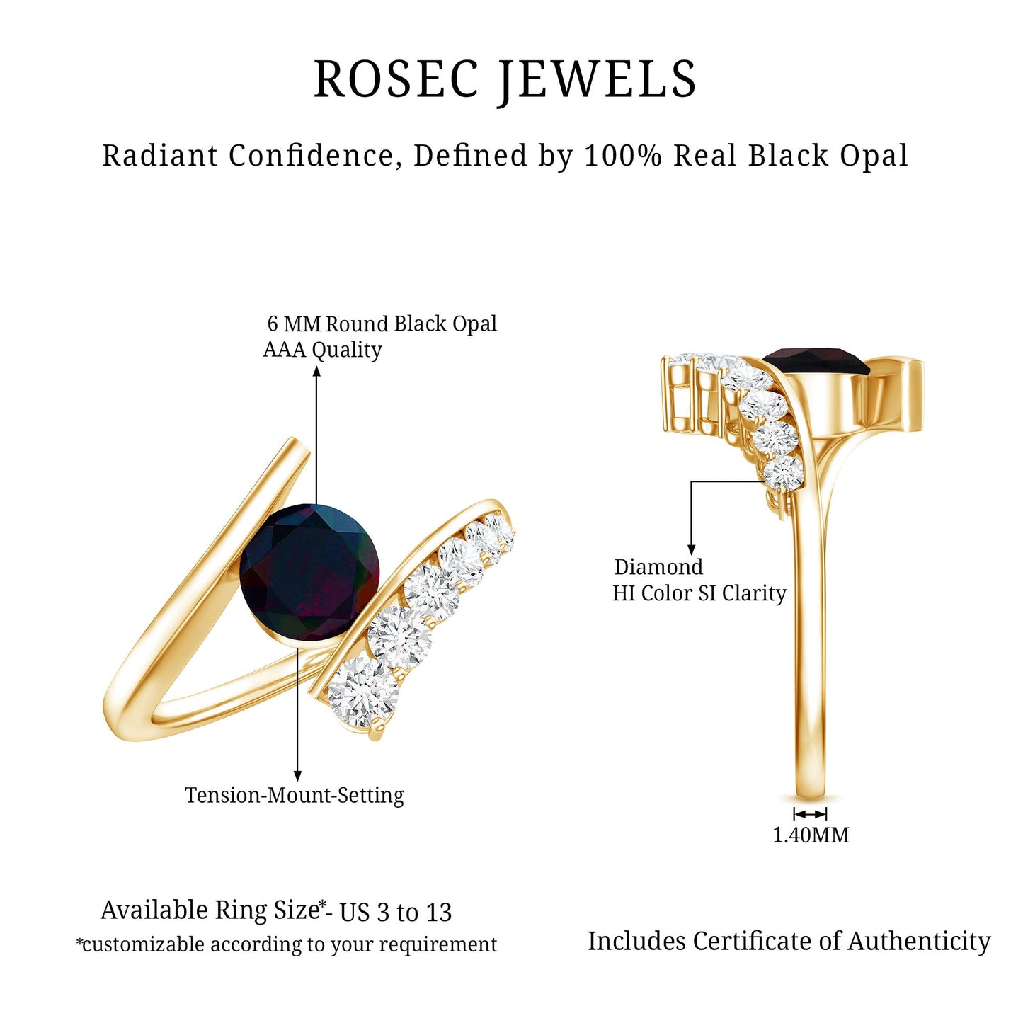 Round Black Opal Solitaire Bypass Ring with Diamond
