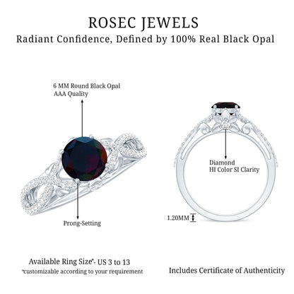 Natural Black Opal Crossover Engagement Ring with Diamond