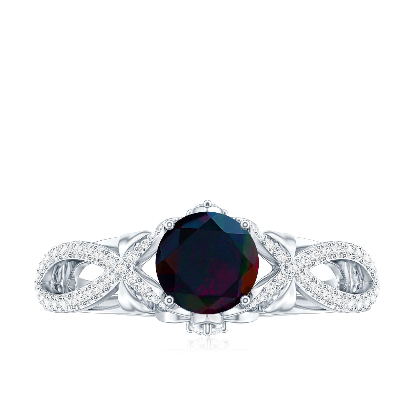Natural Black Opal Crossover Engagement Ring with Diamond