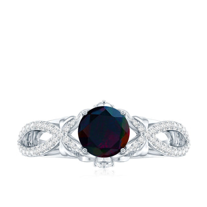 Natural Black Opal Crossover Engagement Ring with Diamond