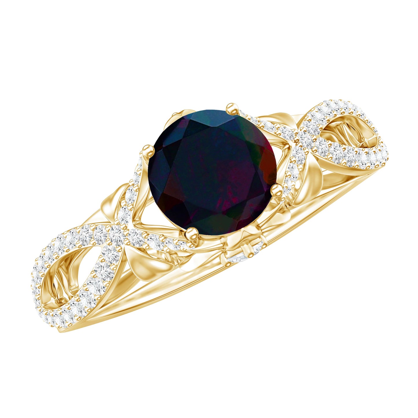 Natural Black Opal Crossover Engagement Ring with Diamond