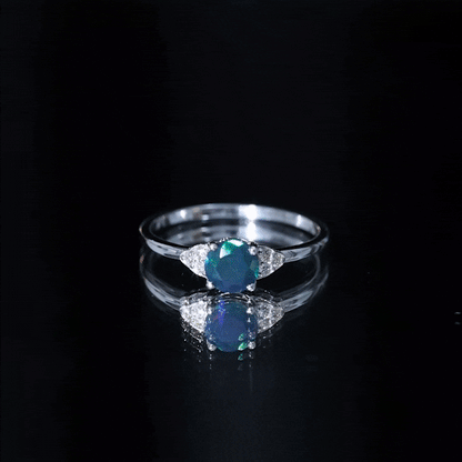 Real Black Opal Round Engagement Ring with Diamond Trio