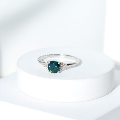 Real Black Opal Round Engagement Ring with Diamond Trio
