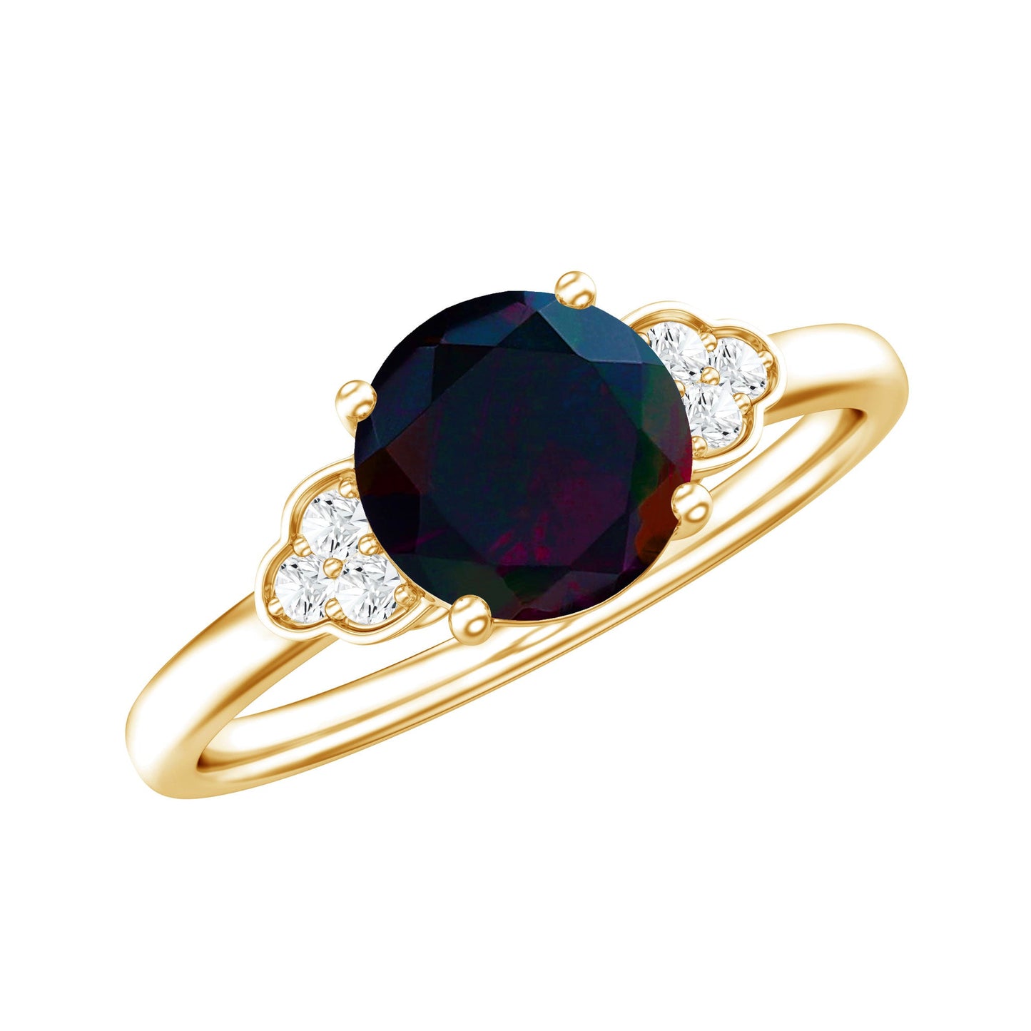Real Black Opal Round Engagement Ring with Diamond Trio