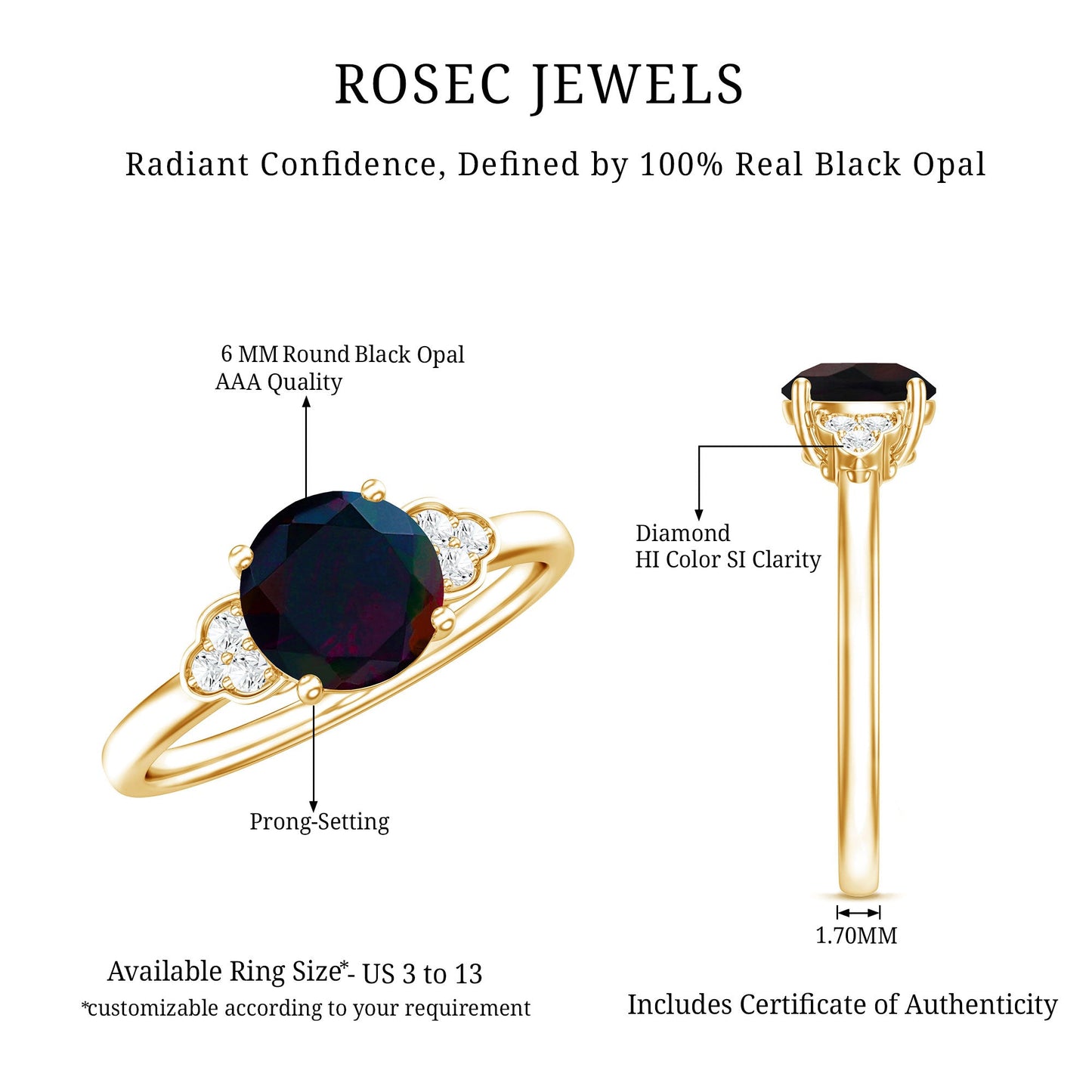 Real Black Opal Round Engagement Ring with Diamond Trio
