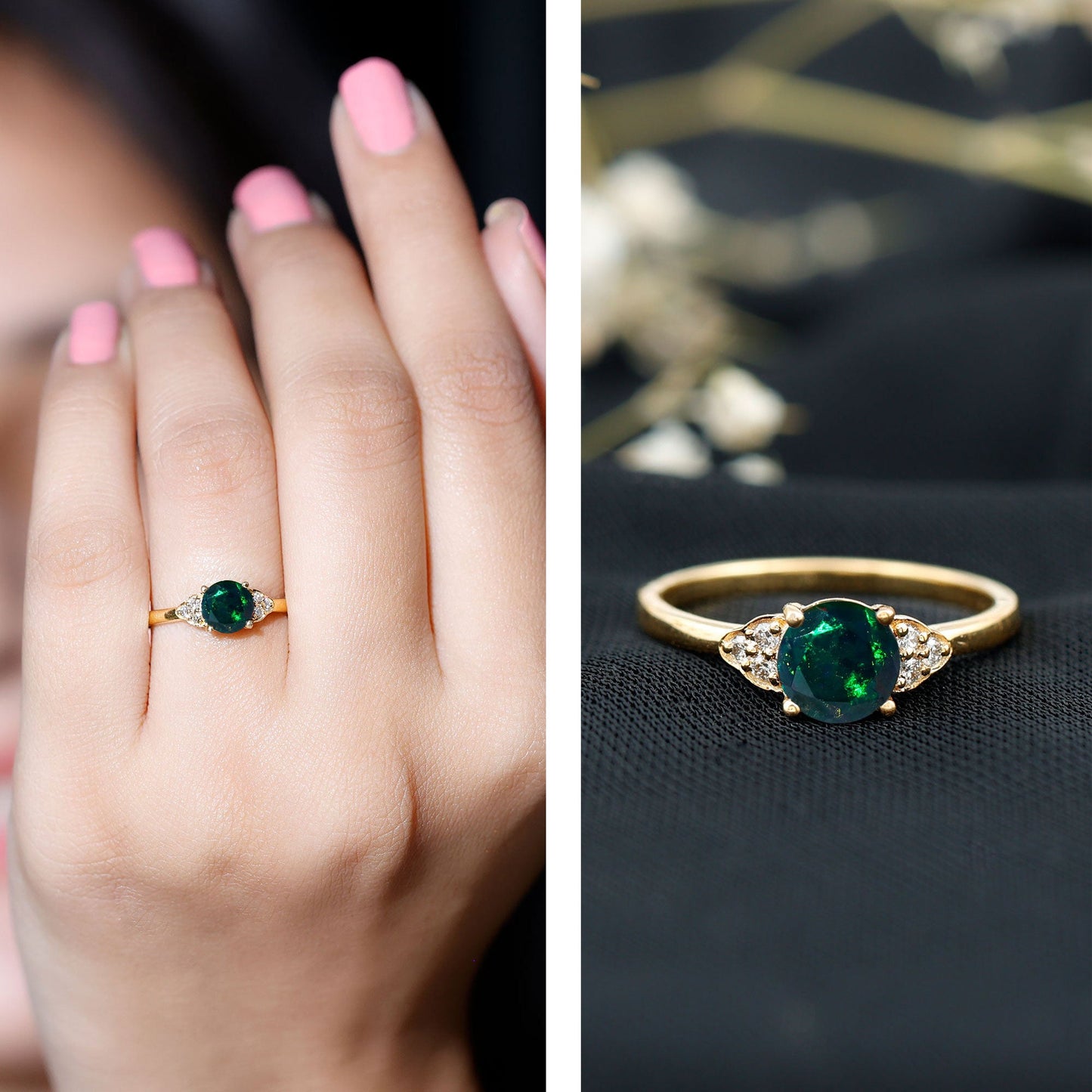 Real Black Opal Round Engagement Ring with Diamond Trio