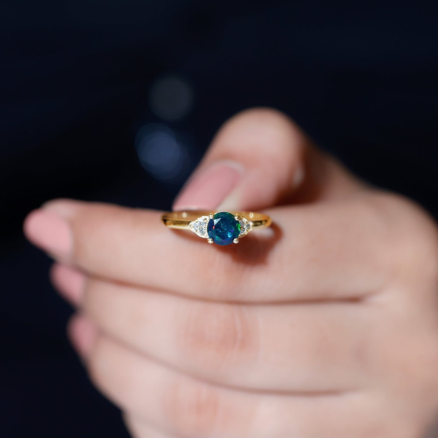 Real Black Opal Round Engagement Ring with Diamond Trio