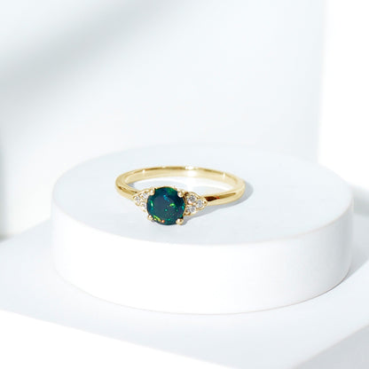 Real Black Opal Round Engagement Ring with Diamond Trio