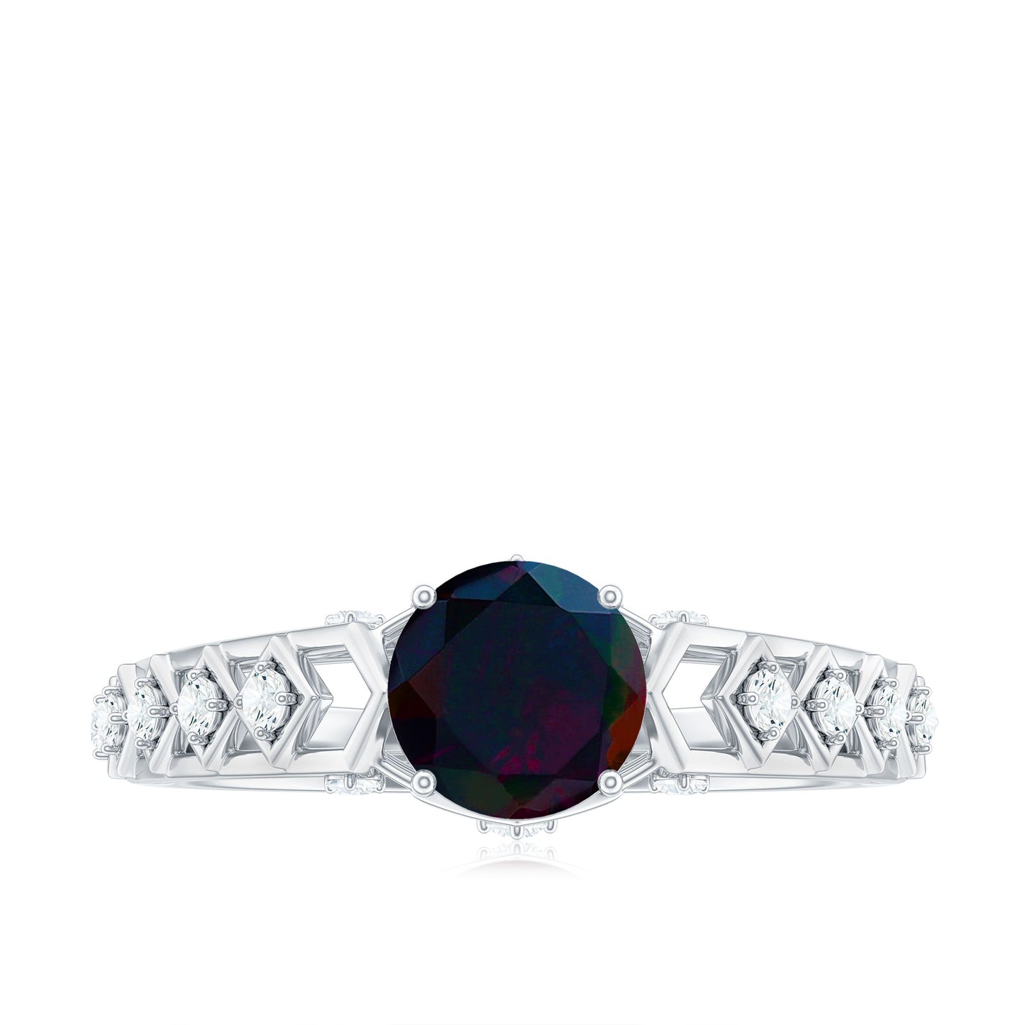0.8 Carat Round Black Opal Solitaire Art Deco Ring with Diamond