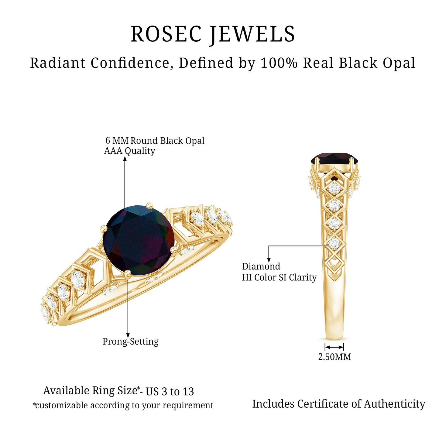 0.8 Carat Round Black Opal Solitaire Art Deco Ring with Diamond