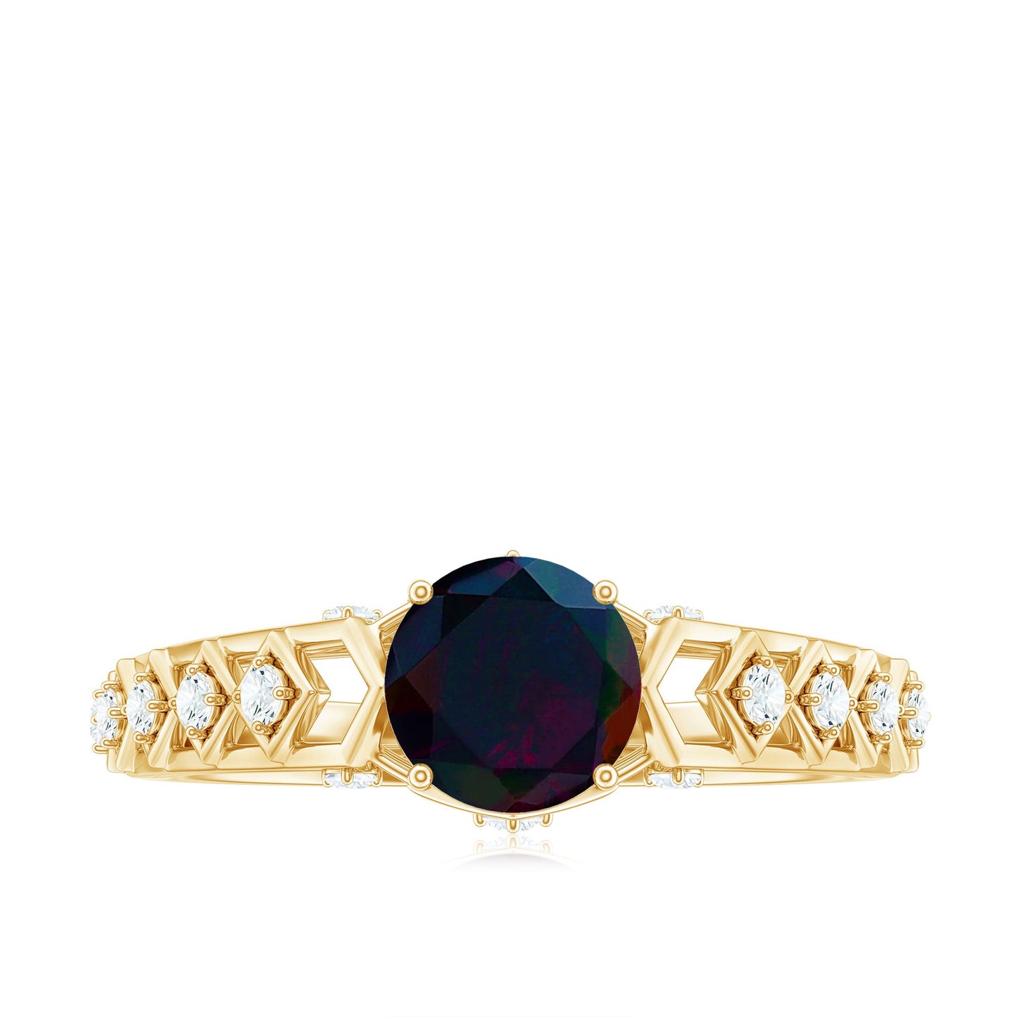 0.8 Carat Round Black Opal Solitaire Art Deco Ring with Diamond