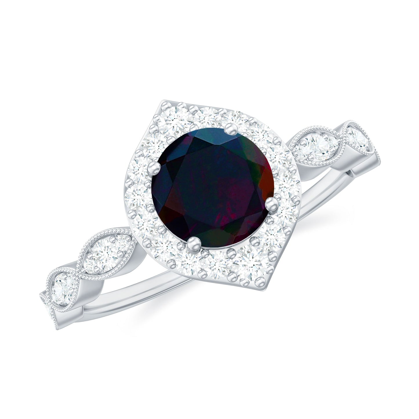 0.8 Carat Black Opal Vintage Engagement Ring with Diamond Accent