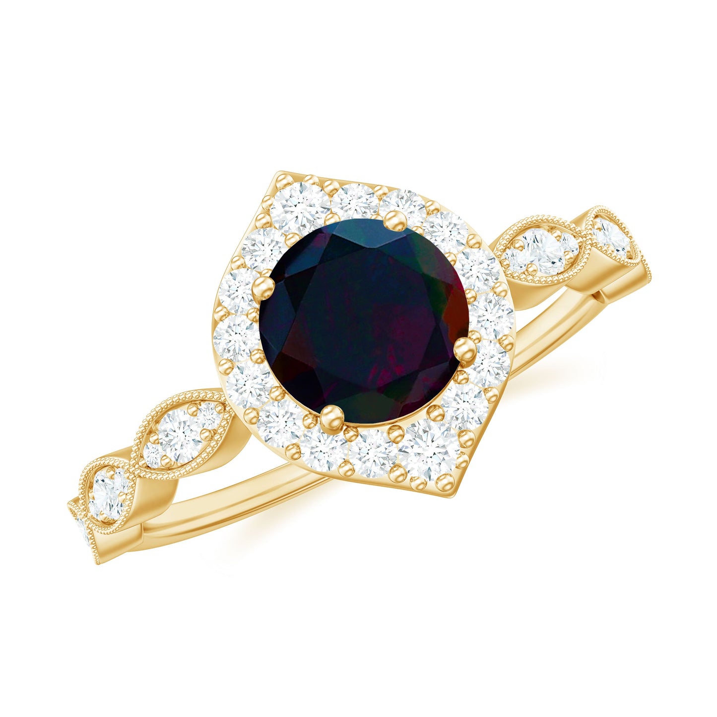0.8 Carat Black Opal Vintage Engagement Ring with Diamond Accent