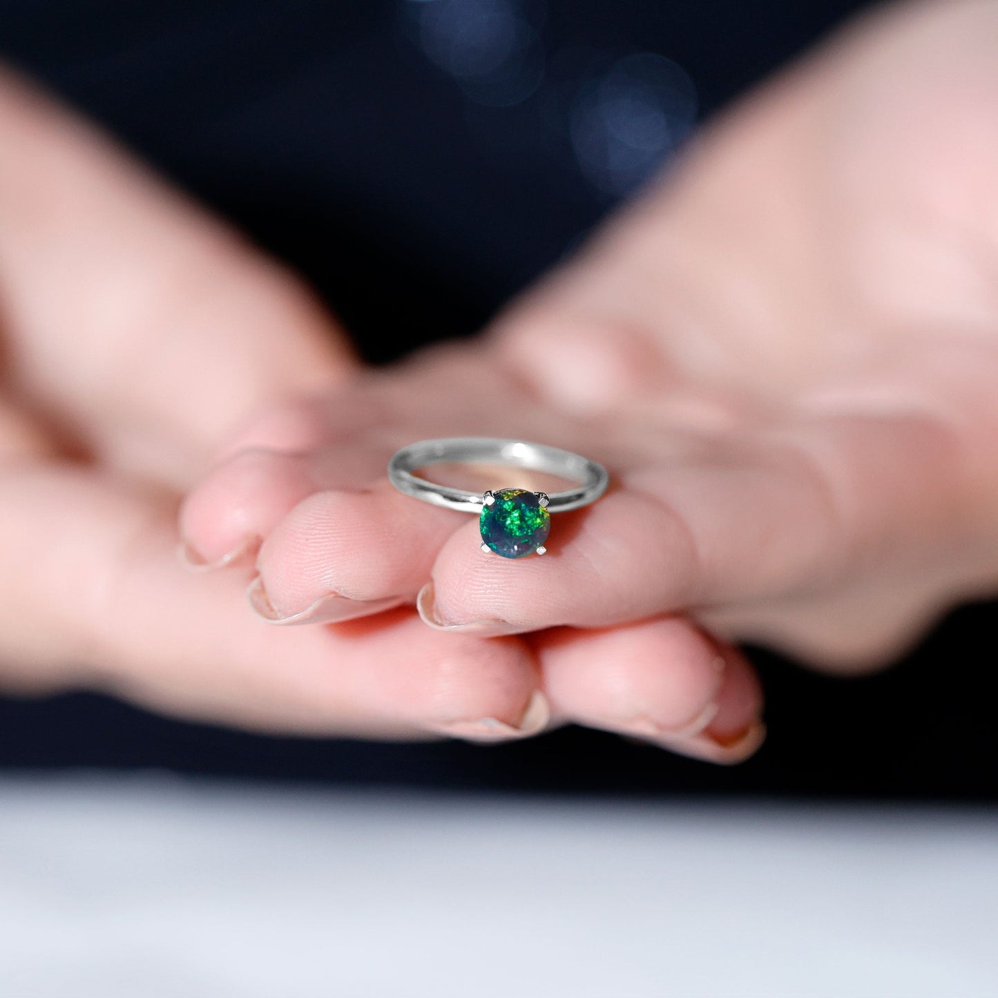 Genuine Black Opal Solitaire Ring for Women