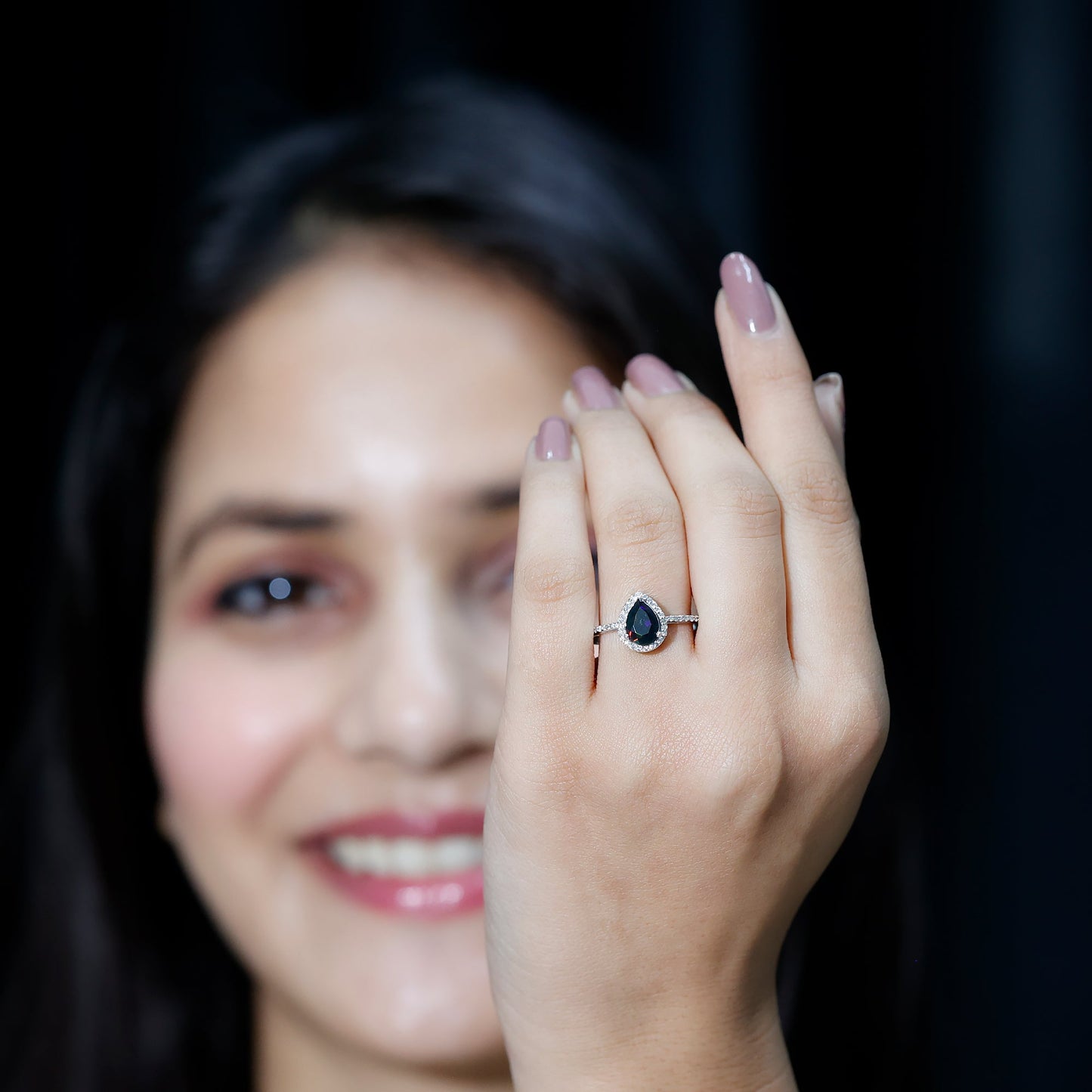 Pear Shape 1 CT Black Opal Engagement Ring with Diamond Halo