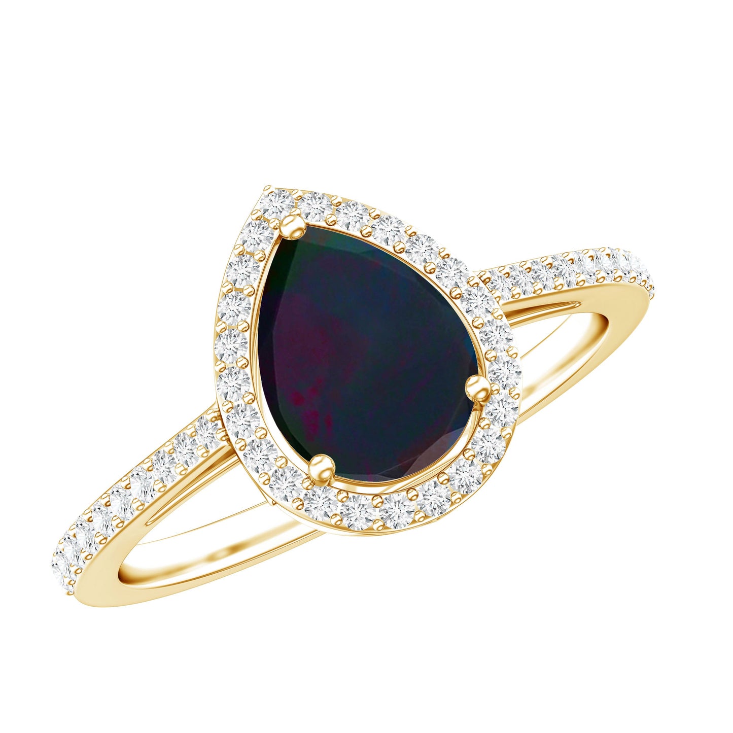 Pear Shape 1 CT Black Opal Engagement Ring with Diamond Halo