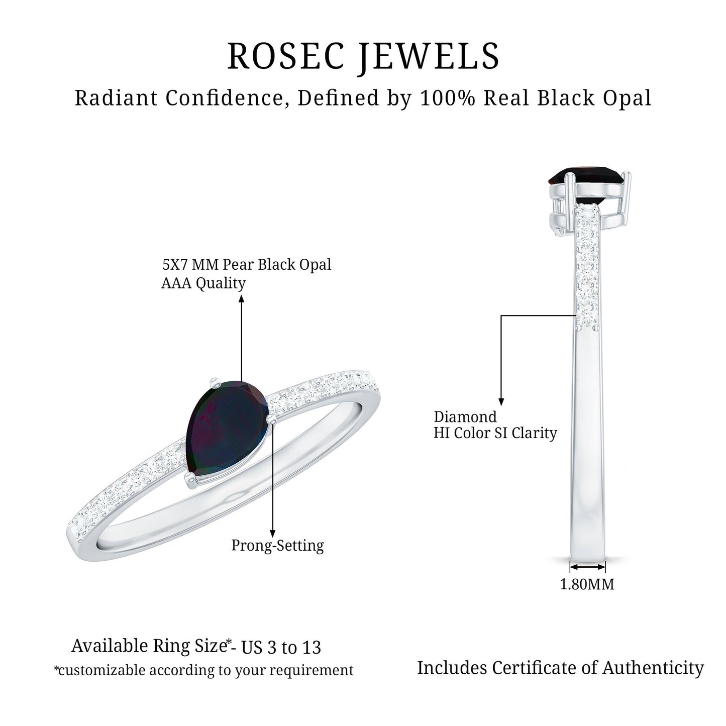 Pear Shape Black Opal Promise Ring with Diamond Side Stones