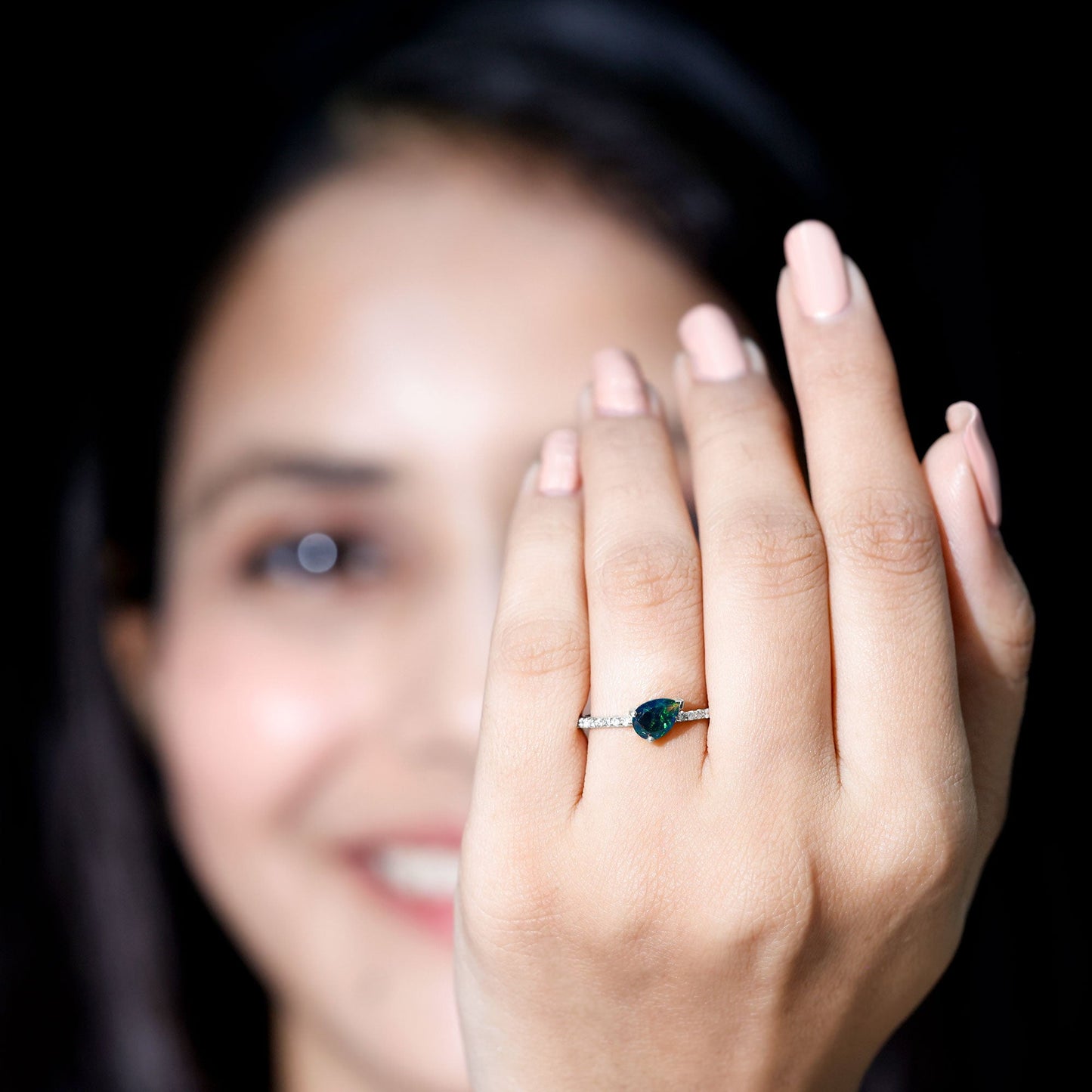 Pear Shape Black Opal Promise Ring with Diamond Side Stones