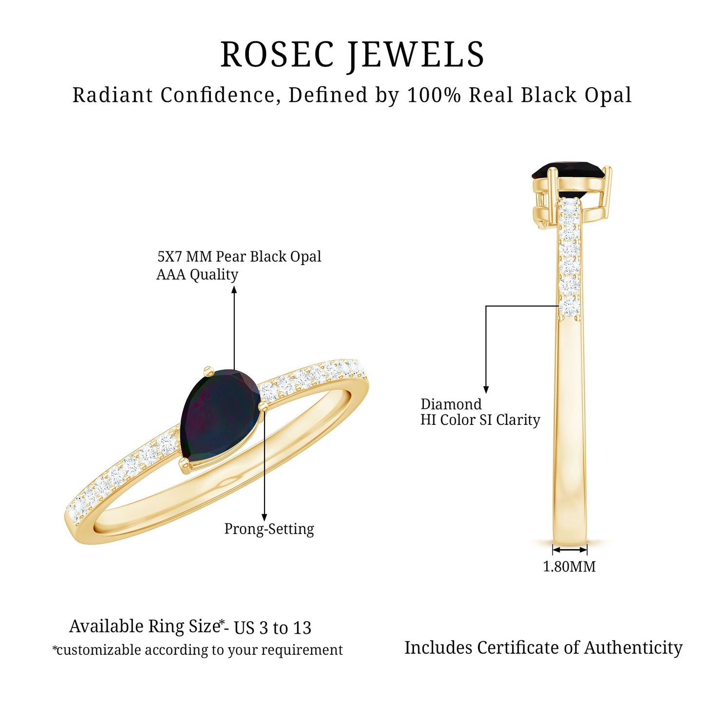 Pear Shape Black Opal Promise Ring with Diamond Side Stones