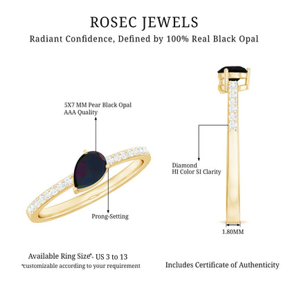 Pear Shape Black Opal Promise Ring with Diamond Side Stones