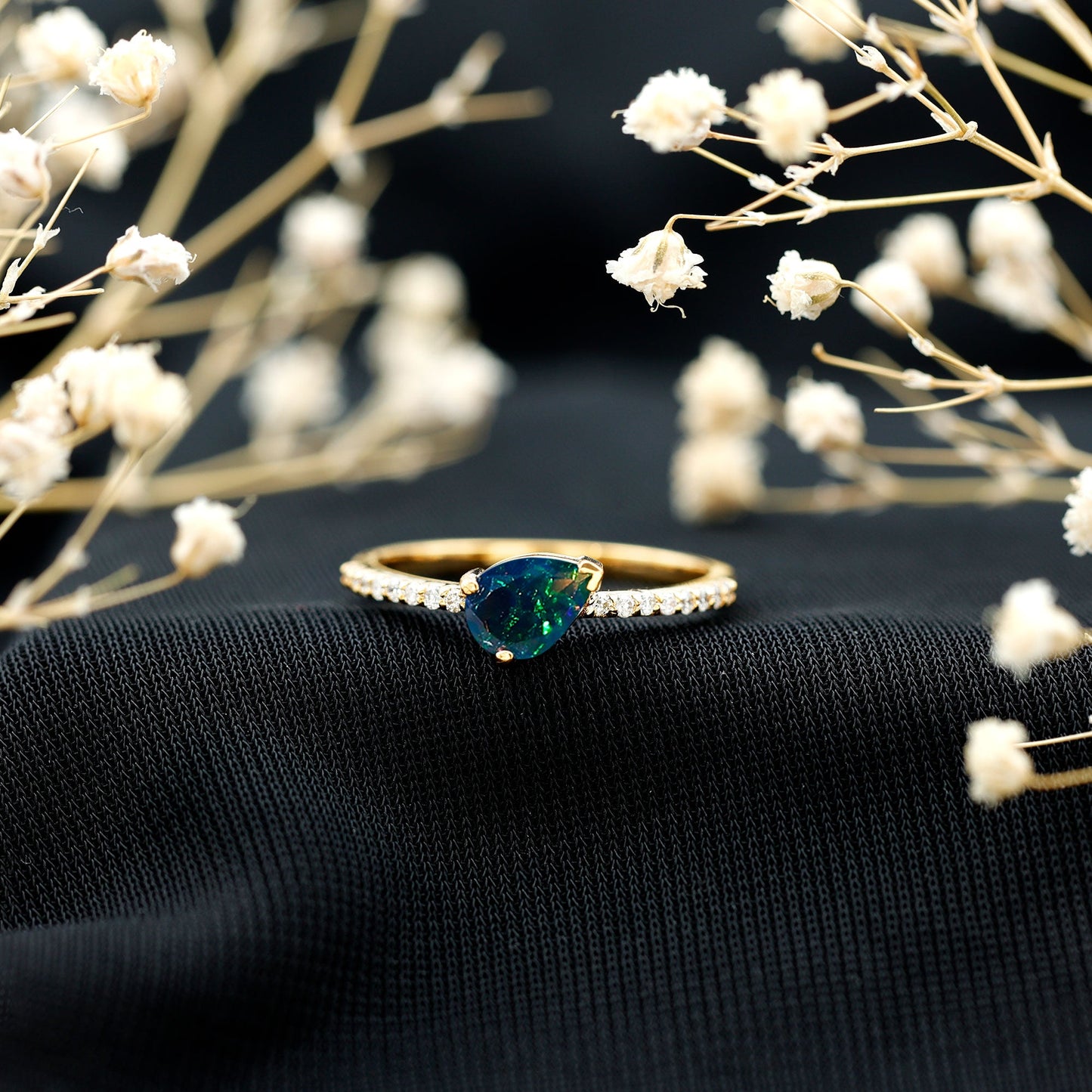 Pear Shape Black Opal Promise Ring with Diamond Side Stones