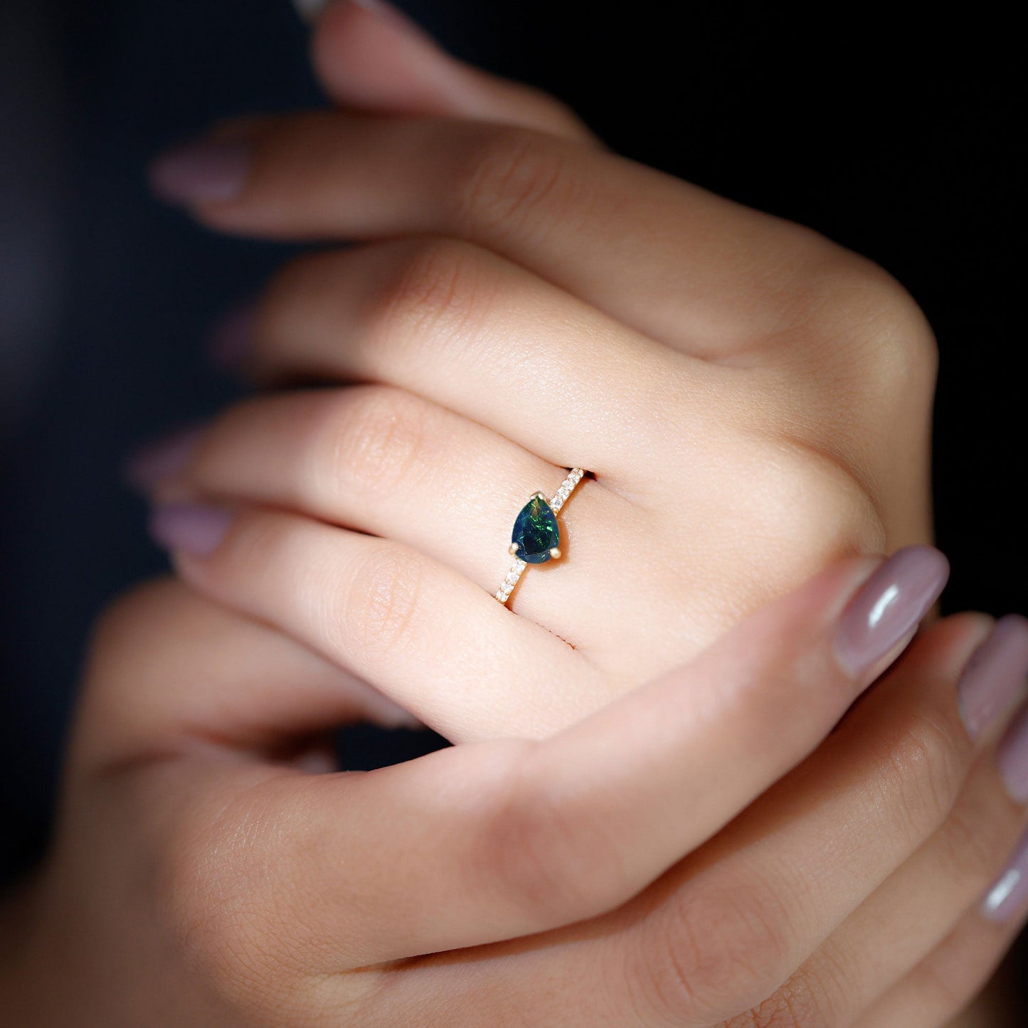 Pear Shape Black Opal Promise Ring with Diamond Side Stones