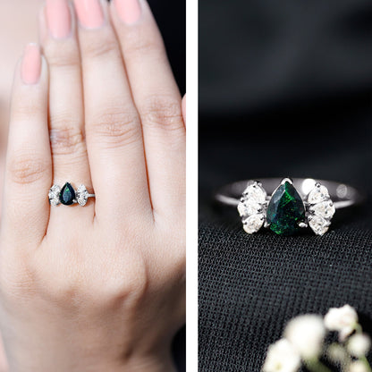 Pear Cut Black Opal Solitaire Engagement Ring with Diamond Trio