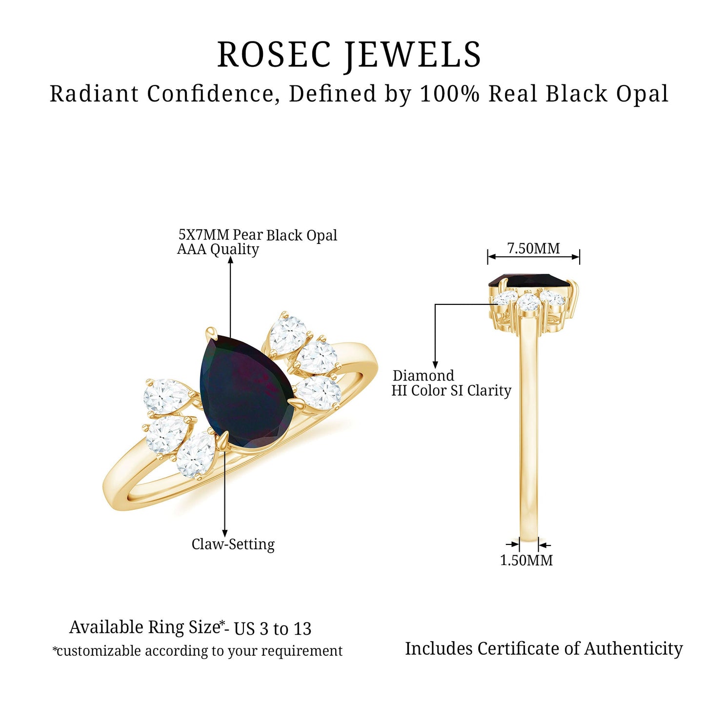 Pear Cut Black Opal Solitaire Engagement Ring with Diamond Trio