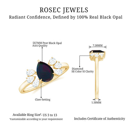 Pear Cut Black Opal Solitaire Engagement Ring with Diamond Trio